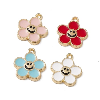 Alloy Enamel Pendants, Golden, Flower with Smiling Face Charm, Mixed Color, 15x14x2mm, Hole: 1.4mm