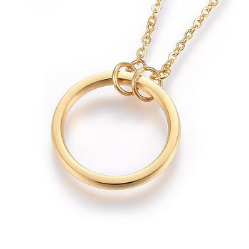 304 Stainless Steel Pendant Necklaces, with Lobster Clasp, Ring, Golden, 17.72 inch(45cm), 1.5mm