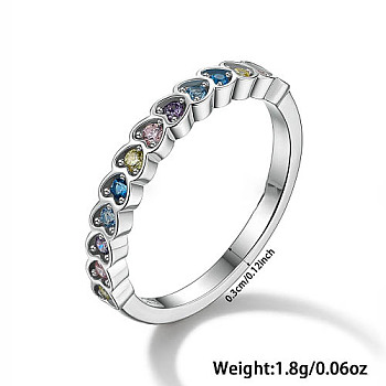 Heart Rhodium Plated Sterling Silver with Colorful Cubic Zirconia Finger Rings for Women, Platinum, Inner Diameter: 17mm