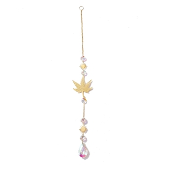 Hanging Suncatcher, Iron & Faceted Glass Pendant Decorations, with Jump Ring, Maple Leaf, Clear AB, 440x2.5mm, Hole: 10mm