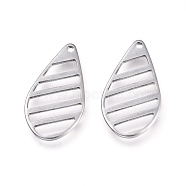 201 Stainless Steel Pendants, Laser Cut, teardrop, with Stripe, Stainless Steel Color, 22x12x1mm, Hole: 1.2mm(STAS-L232-065P)
