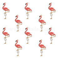 Alloy Enamel Big Pendants, with Plastic Imitation Pearl Beads, Flamingo Charm, Light Gold, Tomato, 58.5x25x9mm, Hole: 2.5mm, 10pcs/box(ENAM-CA0001-73)