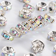 Brass Rhinestone Spacer Beads, Grade A, Straight Flange, Silver Color Plated, Rondelle, Crystal AB, 6x3mm, Hole: 1mm(RB-A014-Z6mm-28S)