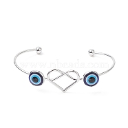 Resin Evil Eye with Heart Cuff Bangle, Iron Wire Wrap Jewelry for Women, Platinum, Inner Diameter: 1-5/8x3-1/8 inch(4.2x7.9cm)(BJEW-JB09340)