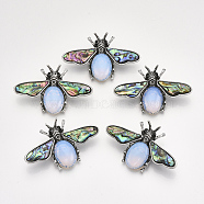 Opalite Brooches/Pendants, with Rhinestone and Alloy Findings, Abalone Shell/Paua Shelland Resin Bottom, Bee, Antique Silver, 36x56.5x14mm, Hole: 7x4mm, Pin: 0.7mm(X-G-S353-08N)