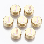 Alloy Enamel Beads, Cadmium Free & Lead Free, Flat Round with Initial Letters, Light Gold, Pearl Pink, Letter.J, 8x4mm, Hole: 1.5mm(X-ENAM-S122-029J-RS)
