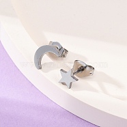 Tarnish Resistant 304 Stainless Steel Stud Earrings, Hypoallergenic Earrings, with Ear Nuts/Earring Back, Moon & Star, Stainless Steel Color, 8x5mm, 6x6mm, Pin: 0.8mm(X-EJEW-F227-18P)