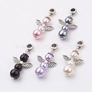 Alloy European Dangle Charms, Angel, Large Hole Pendants, with Glass Pearl Beads, Antique Silver, Mixed Color, 45mm, Hole: 4.5mm(PALLOY-JF00303)