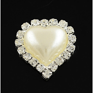 Shining Flatback Heart Brass ABS Plastic Imitation Pearl Cabochons, with Grade A Crystal Rhinestones, Silver Color Plated Metal Color, Creamy White, 23.5x21.5x6.5mm(RB-S020-09)