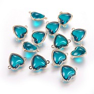 Glass Links connectors, with Eco-Friendly Alloy Findings, Heart, Light Gold, Dark Turquoise, 14x18.5x7mm, Hole: 1.2mm(GLAA-I041-09KCG)