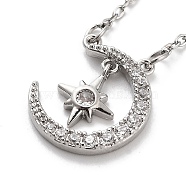 201 Stainless Steel Cable Chain Necklaces, Brass Clear Cubic Zirconia Crescent Moon with Star Pendant Necklaces, Clear, 16.54 inch(42cm)(NJEW-L124-022P)