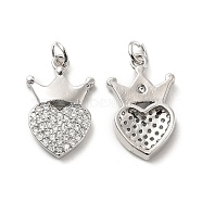 Brass Micro Pave Clear Cubic Zirconia Pendants, with Jump Ring, Heart with Crown Charm, Platinum, 20.5x13x3mm, Hole: 3.5mm(KK-E068-VB098)