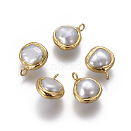 Natural Cultured Freshwater Pearl Pendants, with Brass Findings, Nuggets, White, Golden, 17~18.5x13~15x8~9.5mm, Hole: 2.5mm(X-PEAR-F011-55G)