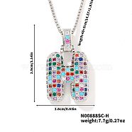 Brass Pave Colorful Cubic Zirconia Letter Pendant Box Chain Necklaces, Platinum, Letter H, 15.75 inch(40cm)(NU0575-34)