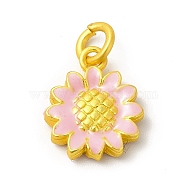 Rack Plating Alloy Enamel Pendants with Jump Ring, Flower Charms, Matte Gold Color, Pearl Pink, 14x11.5x3mm, Jump Ring: 5x1mm, 3mm Inner Diameter(ENAM-M048-16MG-B)