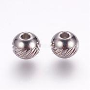 304 Stainless Steel Beads, Round with Twill, Stainless Steel Color, 6x5mm, Hole: 1.5mm(STAS-G133-10P)