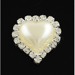 Shining Flatback Heart Brass ABS Plastic Imitation Pearl Cabochons, with Grade A Crystal Rhinestones, Silver Color Plated Metal Color, Creamy White, 23.5x21.5x6.5mm(RB-S020-09)