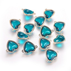 Glass Links connectors, with Eco-Friendly Alloy Findings, Heart, Light Gold, Dark Turquoise, 14x18.5x7mm, Hole: 1.2mm(GLAA-I041-09KCG)