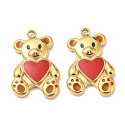 304 Stainless Steel Enamel Pendants, Bear with Heart Charm, Real 14K Gold Plated, 18x12x2.5mm, Hole: 1.5mm(STAS-L022-165G)