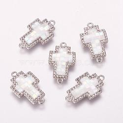 Brass Micro Pave Cubic Zirconia Links, with Freshwater Shell, Cross, Platinum, 20x12x2.5mm, Hole: 1mm(ZIRC-F057-29B)