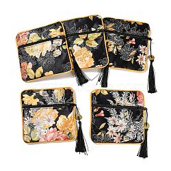 Chinese Style Floral Cloth Jewelry Storage Zipper Pouches, Square Jewelry Gift Case with Tassel, for Bracelets, Earrings, Rings, Random Pattern, Black, 115x115x7mm(AJEW-D063-01A)