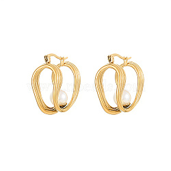 304 Stainless Steel Hoop Earrings, with Imitation Pearl Beads, Real 18K Gold Plated, 23x21mm(UN9328-1)