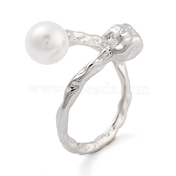 Rack Plating Textured Brass Open Cuff Rings, ABS Imitation Pearl Beads Ring for Women, Cadmium Free & Lead Free, Long-Lasting Plated, Platinum, Inner Diameter: 18mm(KK-S371-07P)