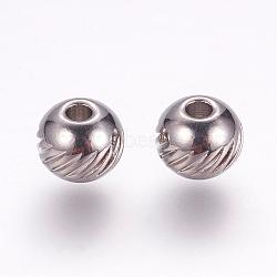 304 Stainless Steel Beads, Round with Twill, Stainless Steel Color, 6x5mm, Hole: 1.5mm(STAS-G133-10P)
