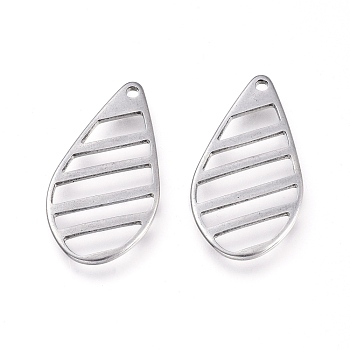 201 Stainless Steel Pendants, Laser Cut, teardrop, with Stripe, Stainless Steel Color, 22x12x1mm, Hole: 1.2mm