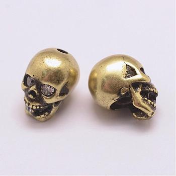 Brass Micro Pave Grade AAA Cubic Zirconia Beads, Long-Lasting Plated, Cadmium Free & Nickel Free & Lead Free, Skull, Antique Bronze, 13x8x10mm, Hole: 2mm