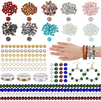 DIY Bracelet Ring Making Kit, Including Natural & Synthetic Mixed Gemstone Round & Glass Bicone & Alloy Flower & Rhinestone Space Beads, Copper Craft Wire, Elastic Thread, 8mm, Hole: 0.8~1.2mm