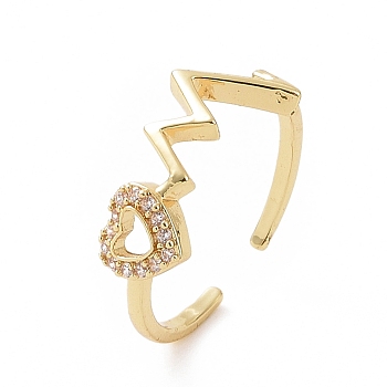 Clear Cubic Zirconia Heart Beat Open Cuff Ring, Brass Jewelry for Women, Golden, Inner Diameter: 17.6mm