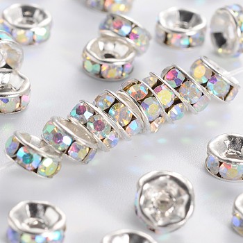 Brass Rhinestone Spacer Beads, Grade A, Straight Flange, Silver Color Plated, Rondelle, Crystal AB, 6x3mm, Hole: 1mm