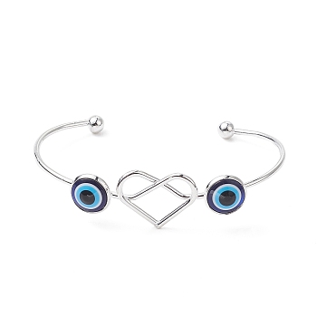 Resin Evil Eye with Heart Cuff Bangle, Iron Wire Wrap Jewelry for Women, Platinum, Inner Diameter: 1-5/8x3-1/8 inch(4.2x7.9cm)