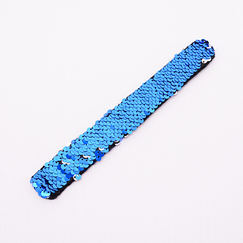 Mermaid Slap Bracelets, Two-color Reversible Charm Sequins Flip Wristbands, Dodger Blue, 214x28x5.5mm