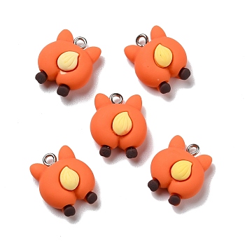 Opaque Resin Pendants, with Platinum Tone Iron Loops, Fox Butt, Orange Red, 18.5x15.5x8.5mm, Hole: 2mm