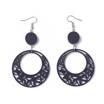 Wood Dangle Earrings, with Platinum Tone Iron Earring Hooks, Flat Round, Black, 89mm, Flat Round: 14mm and 44mm, Pin: 0.5mm