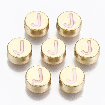 Alloy Enamel Beads, Cadmium Free & Lead Free, Flat Round with Initial Letters, Light Gold, Pearl Pink, Letter.J, 8x4mm, Hole: 1.5mm