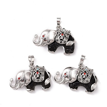 Natural Lava Rock Pendants, with Rhinestone and Brass Findings, Elephant, Platinum, 25.5x36.5x10mm, Hole: 5x8mm
