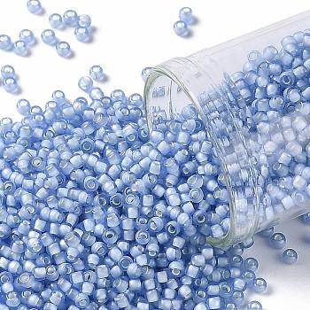 TOHO Round Seed Beads, Japanese Seed Beads, (933F) Frosted Inside Color Light Sapphire/White Lined, 11/0, 2.2mm, Hole: 0.8mm, about 5555pcs/50g