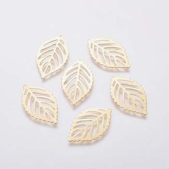 304 Stainless Steel Pendants, Leaf, Golden, 24x14x0.5mm, Hole: 0.8mm