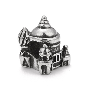 304 Stainless Steel European Beads, Large Hole Beads, Castle, Antique Silver, 14x14x12.5mm, Hole: 4.7mm