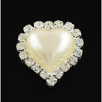 Shining Flatback Heart Brass ABS Plastic Imitation Pearl Cabochons, with Grade A Crystal Rhinestones, Silver Color Plated Metal Color, Creamy White, 23.5x21.5x6.5mm