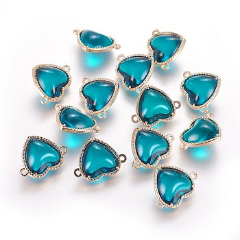 Glass Links connectors, with Eco-Friendly Alloy Findings, Heart, Light Gold, Dark Turquoise, 14x18.5x7mm, Hole: 1.2mm