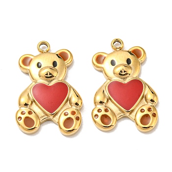 304 Stainless Steel Enamel Pendants, Bear with Heart Charm, Real 14K Gold Plated, 18x12x2.5mm, Hole: 1.5mm
