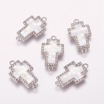 Brass Micro Pave Cubic Zirconia Links, with Freshwater Shell, Cross, Platinum, 20x12x2.5mm, Hole: 1mm