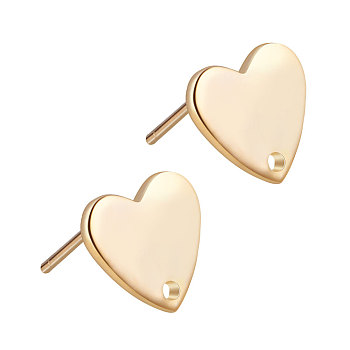 Brass Stud Earring Findings, with Loop and Steel Pins, Long-Lasting Plated, Real 18K Gold Plated, Heart, 9.5x11x1mm, Hole: 1mm, Pin: 0.8mm, 10pcs/set