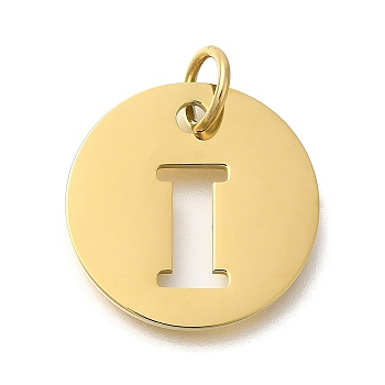 Ion Plating(IP) 304 Stainless Steel Pendants, with Jump Ring, Laser Cut, Flat Round with Letter Charm, Real 18K Gold Plated, Letter I, 20x1mm, Hole: 4.5mm