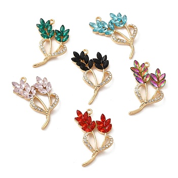 Rack Plating Alloy Pendants, with Rhinestone and Glass, Flower Charm, Golden, Mixed Color, 36x21.5x4.5mm, Hole: 1.8mm