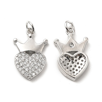 Brass Micro Pave Clear Cubic Zirconia Pendants, with Jump Ring, Heart with Crown Charm, Platinum, 20.5x13x3mm, Hole: 3.5mm